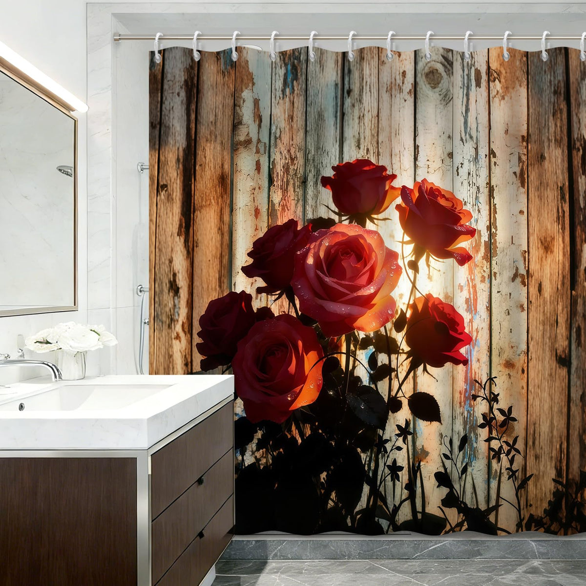 71″ x 74″ Rustic Floral Shower Curtain with Hooks (Red Rose)