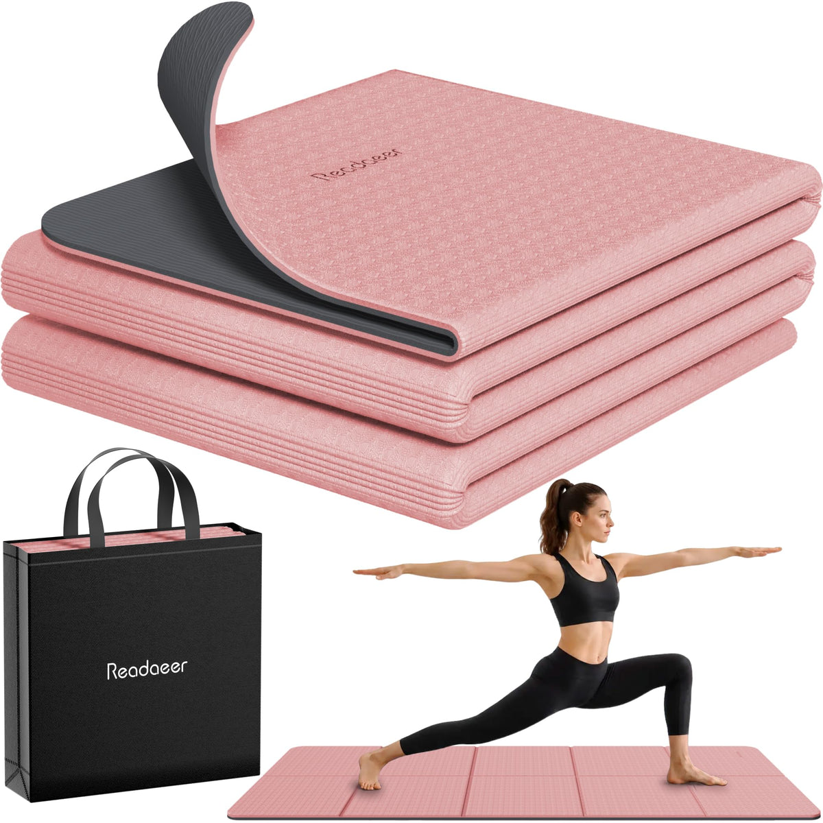 Foldable Yoga Mat for Travel Folding Yoga Mat 6mm Thick with Carrying Bag (Pink)