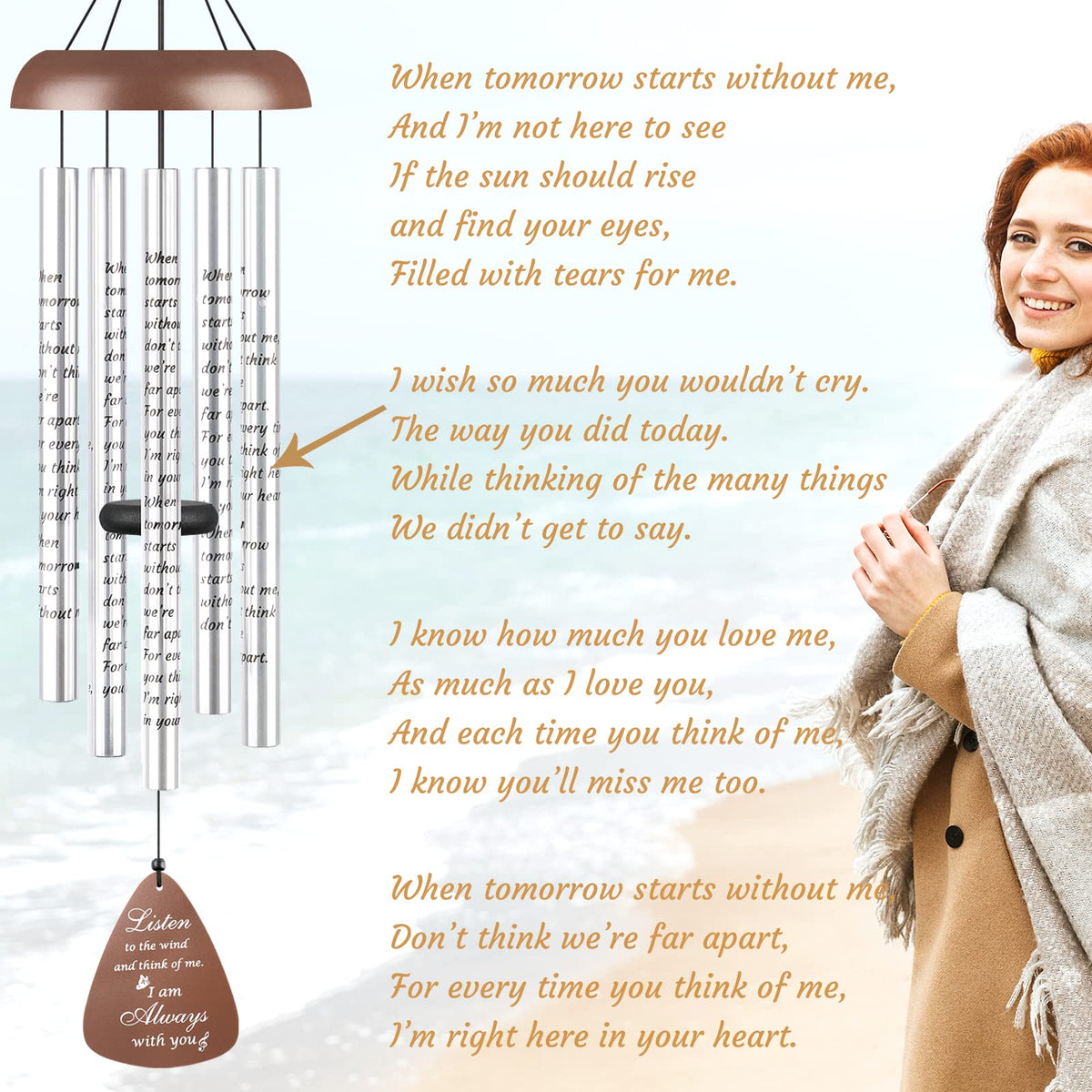 36'' Sympathy Wind Chimes Memorial Gift for Loss of Loved One Brown (36 inches)