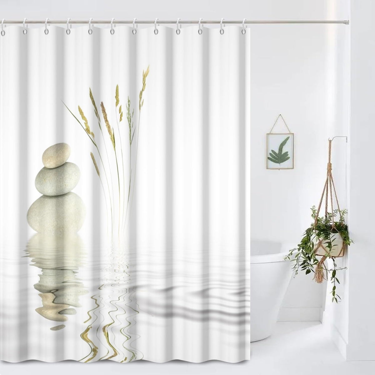 Zen Spa Shower Curtain Zen Stone Wild Grass Reflection in Water Meditation Design Bath Curtain Waterproof Polyester Fabric Bathroom Decor Set with Hooks 72x84inch (72"W x 84"L (Pack of 1) / White)