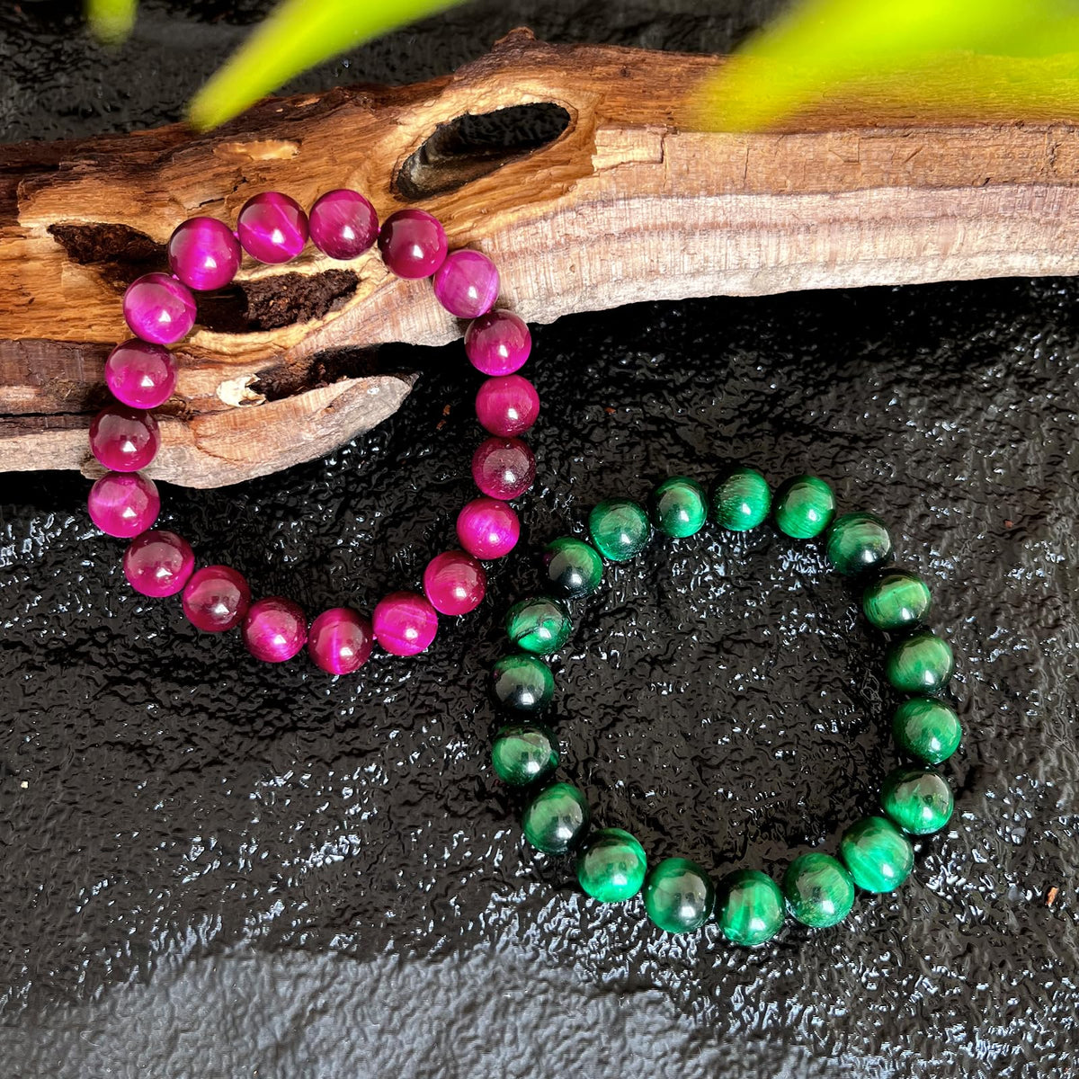 Natural obsidian bracelet (10mm Tiger Eye (Pink+Green)-2 Pcs)