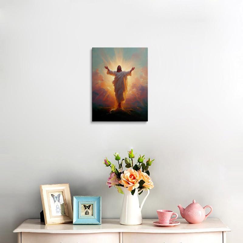 Risen Christ Canvas Wall Art Framed Painting Jesus with Divine Light Rays Outstretched Arms in White Robes Religious Christian Wall Decor Artwork Print Poster 16x24 Inches (Illuminating Jesus / 24"L x 16"W)