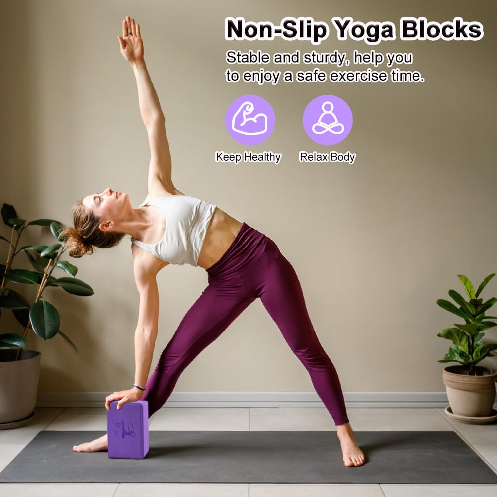 2 Yoga Block and 2 Yoga Strap Set (Purple B / 9×6×3")