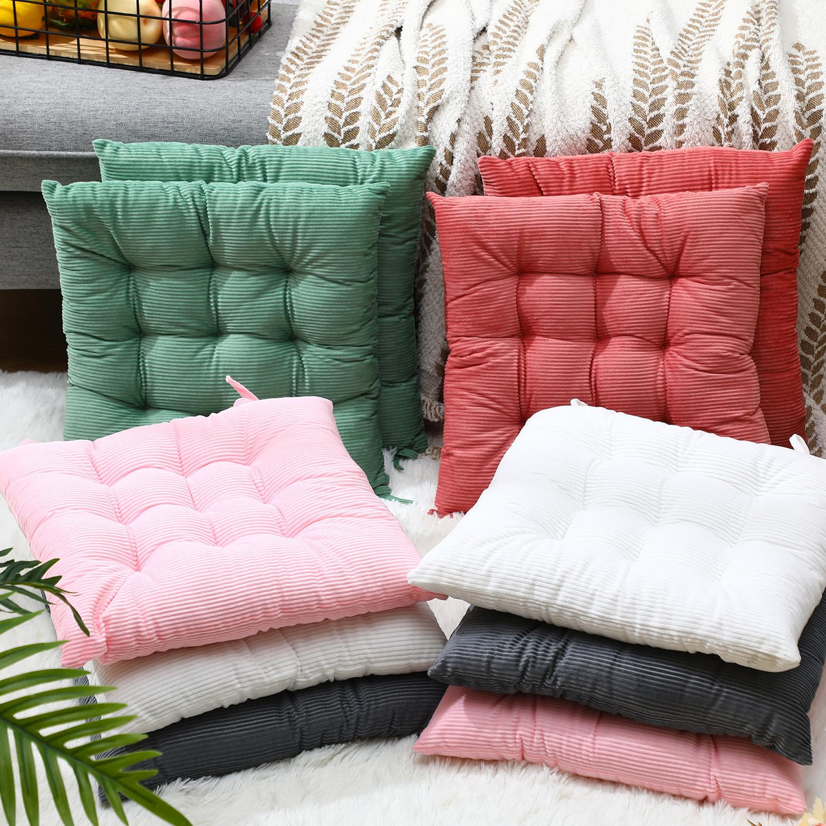 10 Pcs Corduroy Chair Cushion with Ties Square Floor (Colorful)