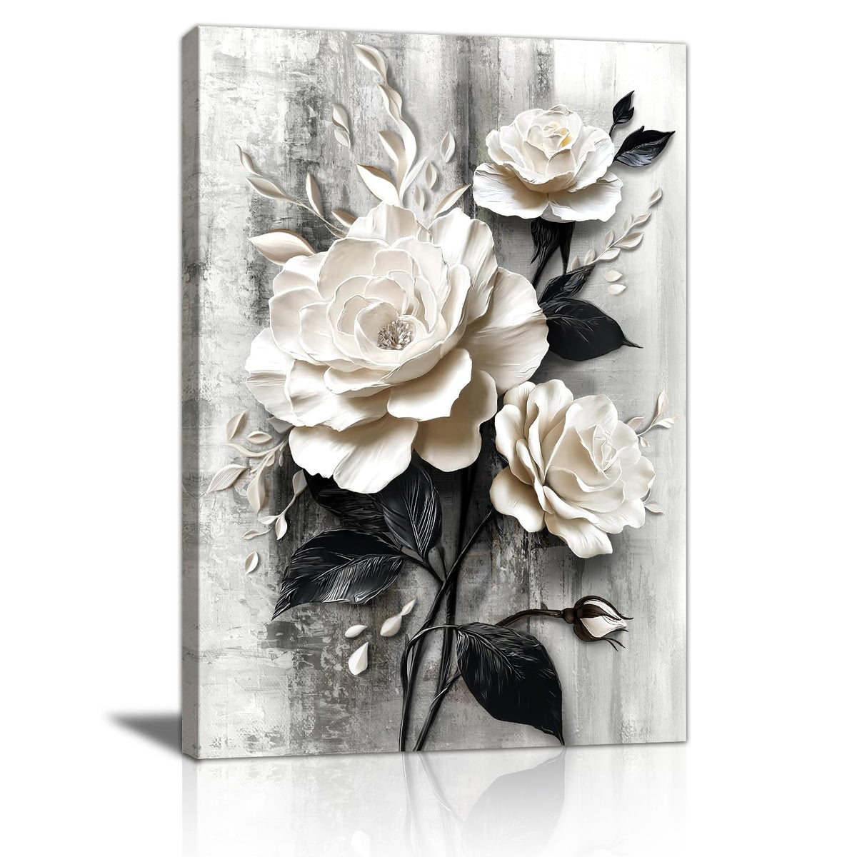 Elegant Rose Canvas Wall Art Print Modern White and Black Floral Picture Poster Abstract Blooming Flowers Painting Vintage Artwork for Living Room Bedroom Bathroom Office 12x16in (White Roses / 16"L x 12"W)