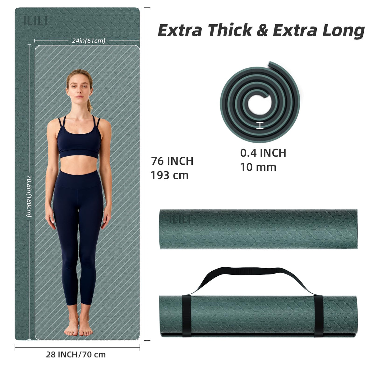 Yoga Mat 10mm Extra Thick and Extra Long (Dark Green+Dark Grey)