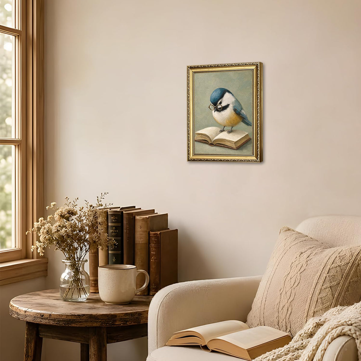 Vintage Blue Bird Reading Wall Art Cute Bird Book Lover Wall Decor Picture Whimsical Animal Poster Canvas Painting Print for Library Living Room Bedroom 12x16 in Gold Framed (Animal-DD / 16"L x 12"W)