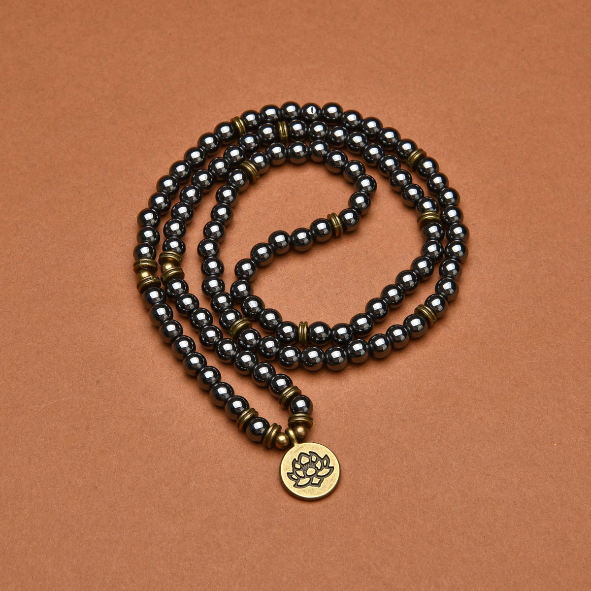 108 Healing Mala Beads Bracelet or Necklace with Gold Lotus Charm (Hematite)