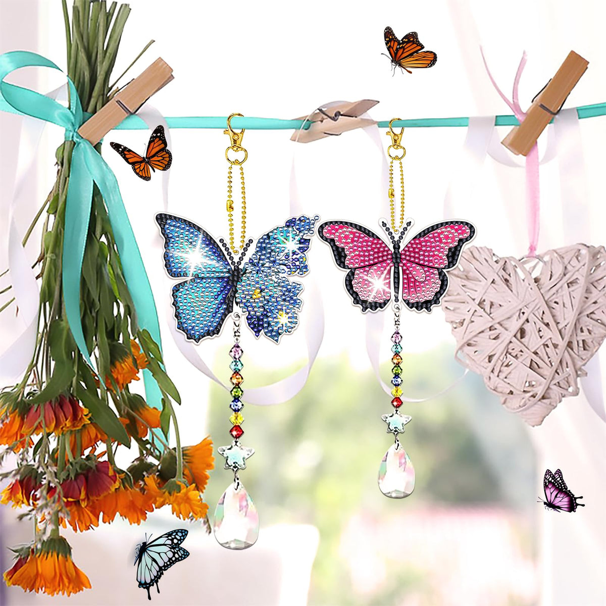 6 Pcs Diamond Painting Butterfly Wind Chimes Kits 5D DIY Crystal Diamonds Painting Suncatcher Christmas Ornament Double Sided Diamond Art Keychains Pendant Best Gifts for Mom (Vivid butterfly)
