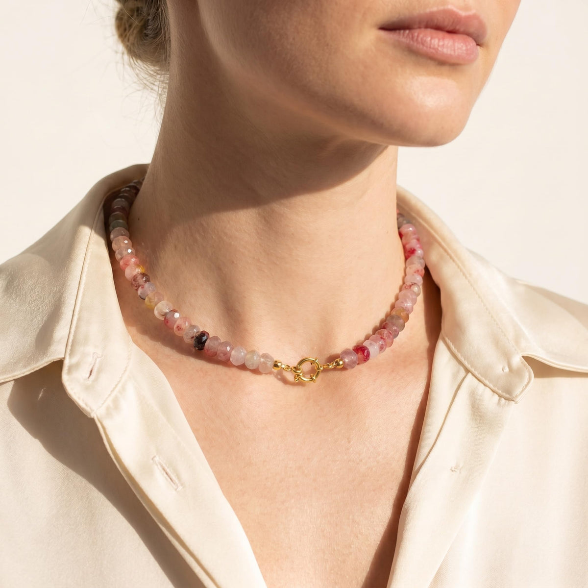 Tourmaline Color Natural Stone Beaded Choker Necklace for Women (Tourmaline)