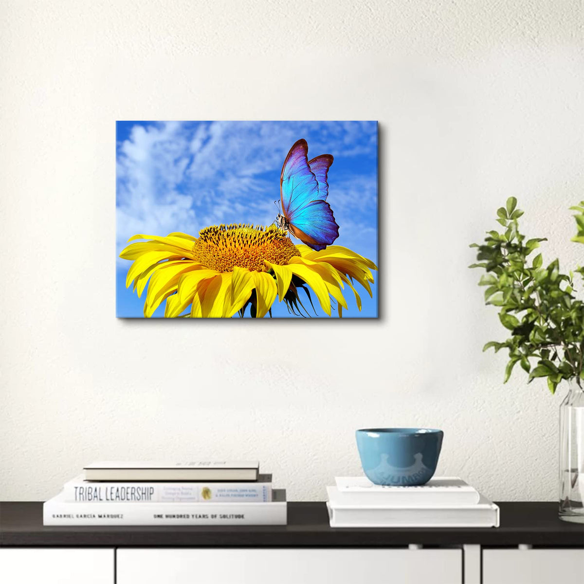 Sunflower Wall Art Bathroom Decor Butterfly Pictures Blue Sky Nature Landscape Canvas Prints Kitchen Sunflower Painting for Living Room Artwork Yellow Floral Posters Bedroom Home Decorations 12x16" (16"L x 12"W / Sunflower Butterfly)