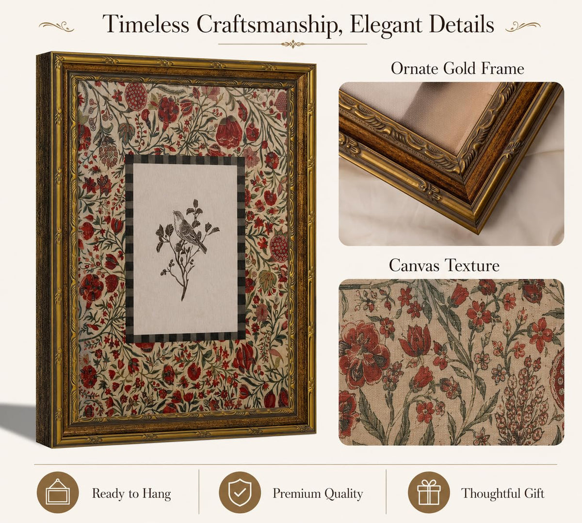Vintage Gold Framed Bird Canvas Wall Art (Red Flower Bird / 16"L x 12"W)