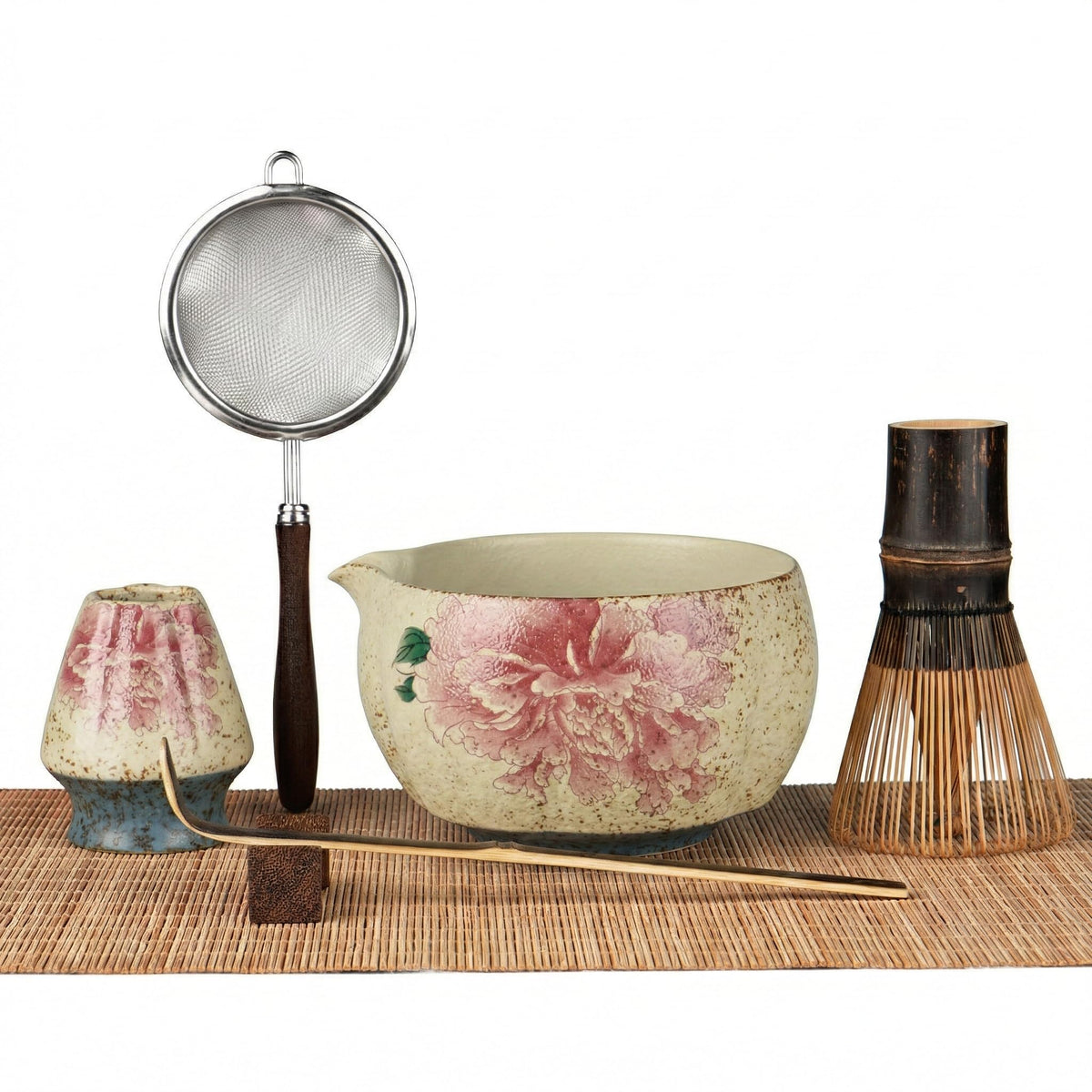 Matcha Set, 7-Piece Matcha Whisk Set with Bowl & 100-Prong Whisk (Beige-Peony)