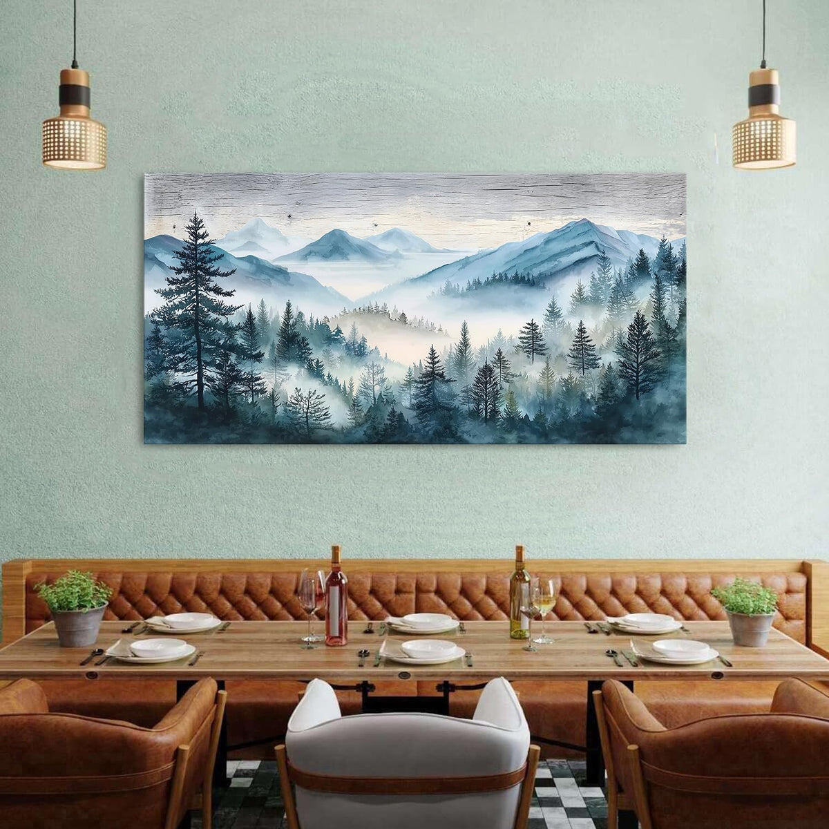 Big Foggy Forest Wall Art Abstract Smoky Mountain Wall Decor Vintage Rustic Landscape Picture Misty Pine Trees Painting Woody Mountains Poster Artwork for Bedroom Living Room Home Decorations 30x60" (57.8"L x 30"W / Misty Forest)