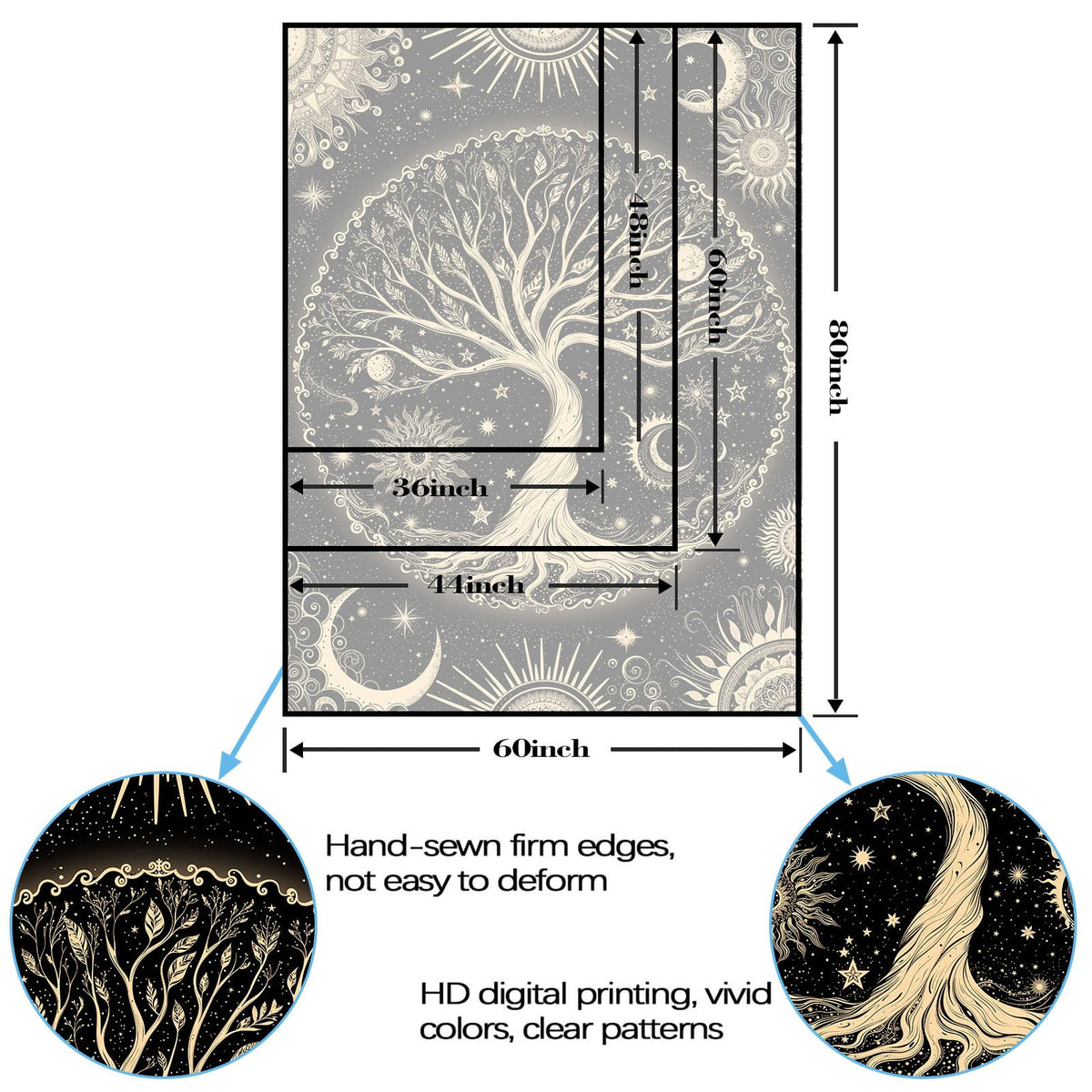 Tree of Life Tapestry Starry Sky Wall Tapestry (Golden Black / 48"L x 36"W)