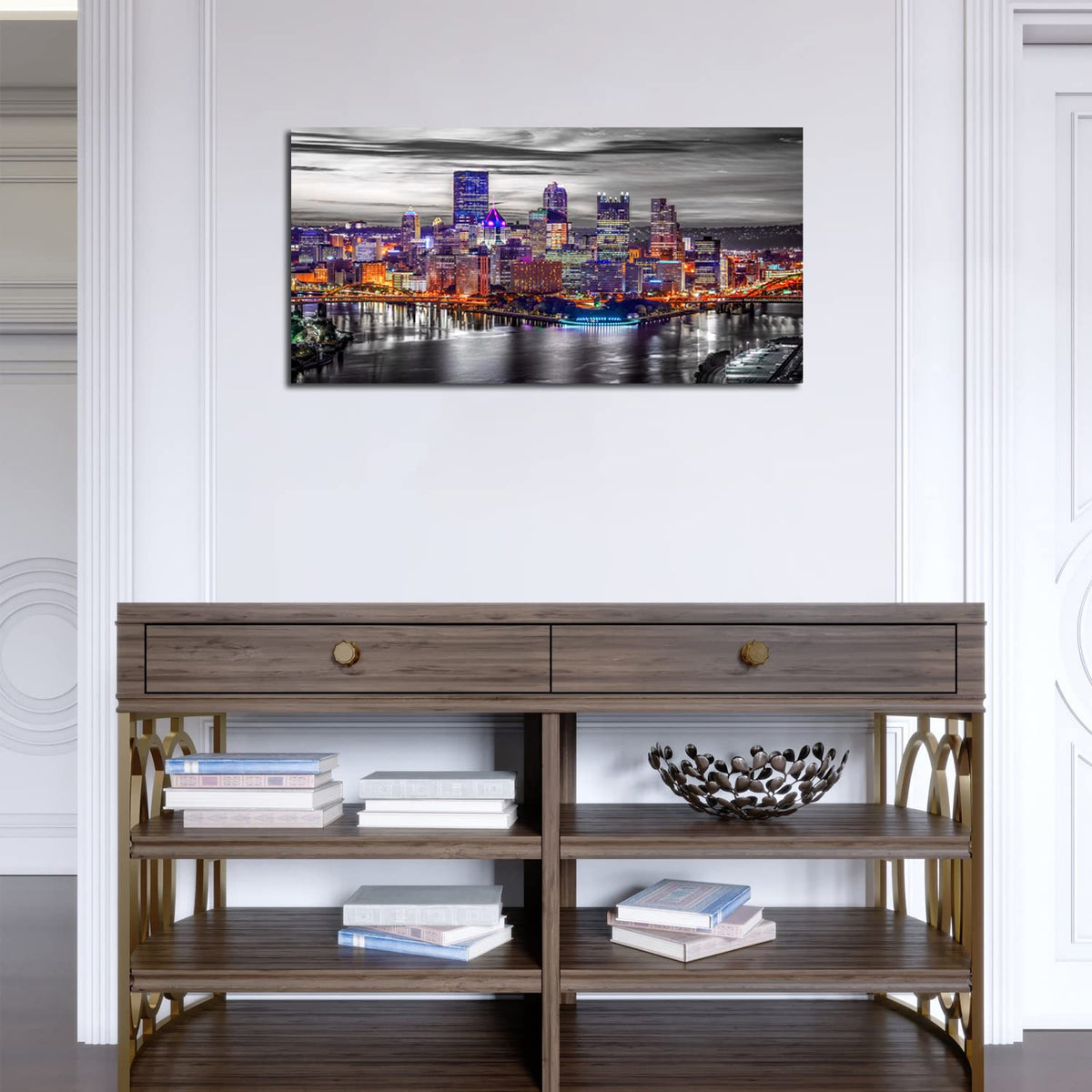 Pittsburgh Wall Art Living Room Decorations Black and White City Skyline Picture Modern Office Wall Decor Pennsylvania Nightscape Panoramic Canvas Prints Cityscape Painting Skyscraper Artwork 20x40" (40"L x 20"W / Pittsburgh)
