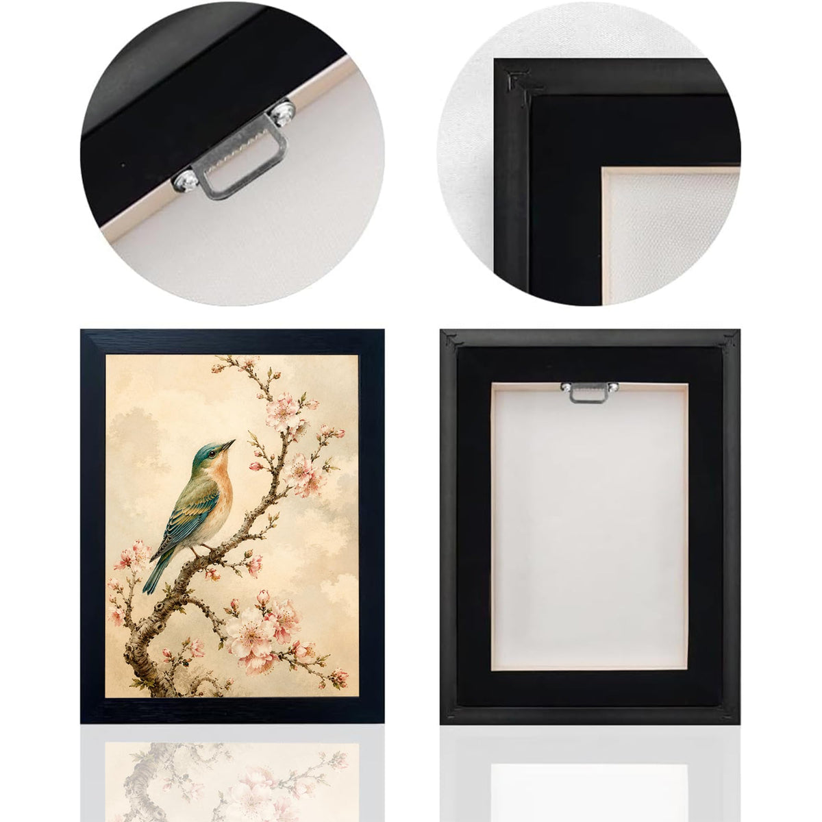 Vintage Bird Floral Decor Wall Art Rustic Cherry Blossom Picture 8"x10" (Wall Art Framed 20 / 10"L x 8"W)