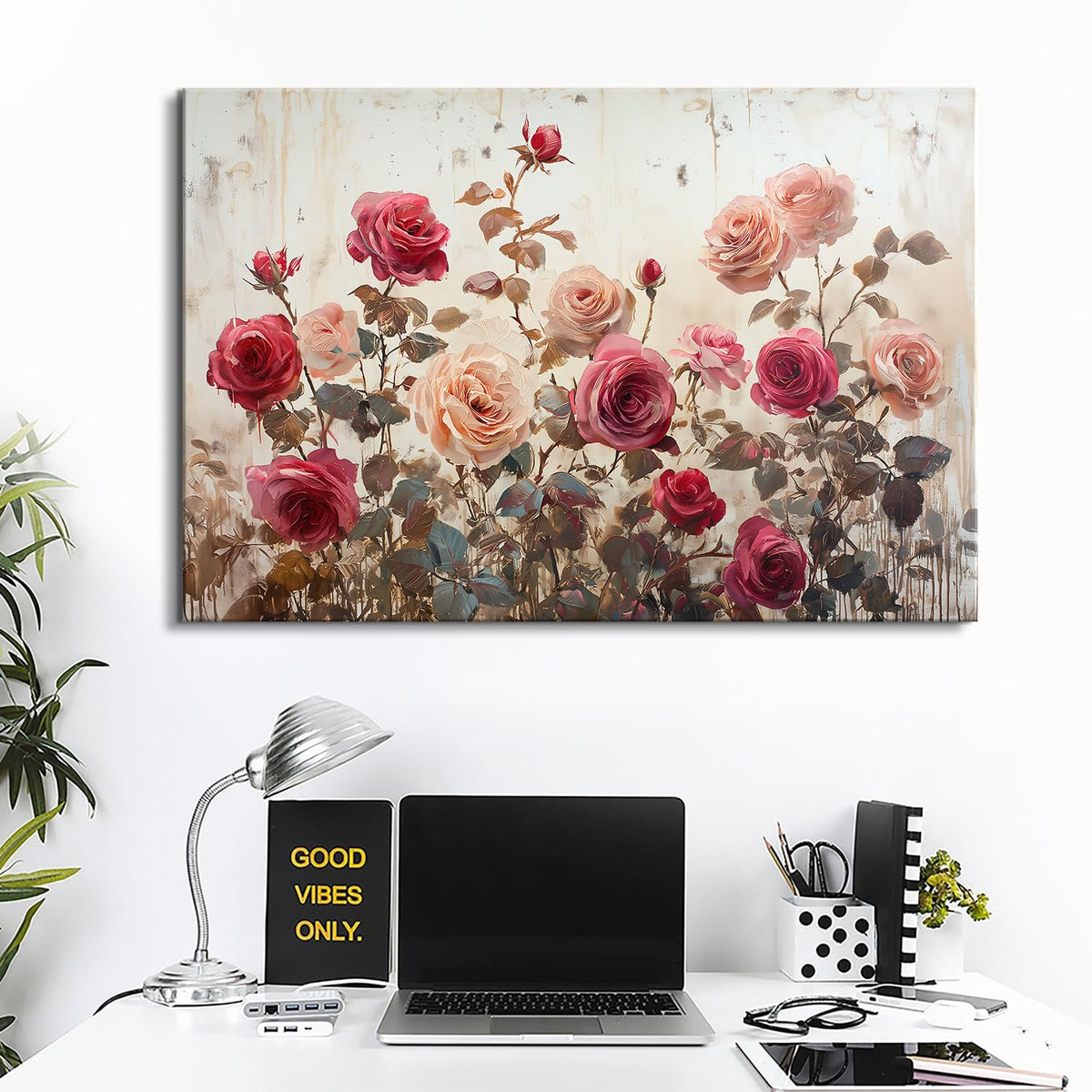 Pink Floral Wall Art Bathroom Decor Rose Flowers Canvas Pictures Vintage Farmhouse Flower Prints Poster Modern Aesthetic Botanical Canvas Paintings Country Plant Artwork for Home Decorations 24x36" (36"L x 24"W / Pink Rose)