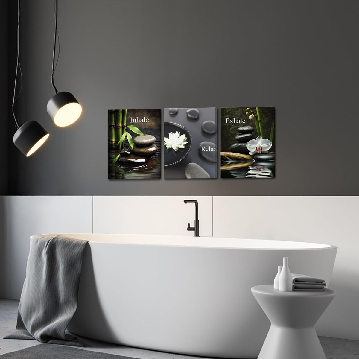 Zen Wall Art for Bathroom Zen Stone Bamboo Lotus Orchid Flower Pictures Still Life Prints for Zen Meditation Room Wall Decor Framed 12x16 inch each piece (16"L x 12"W)