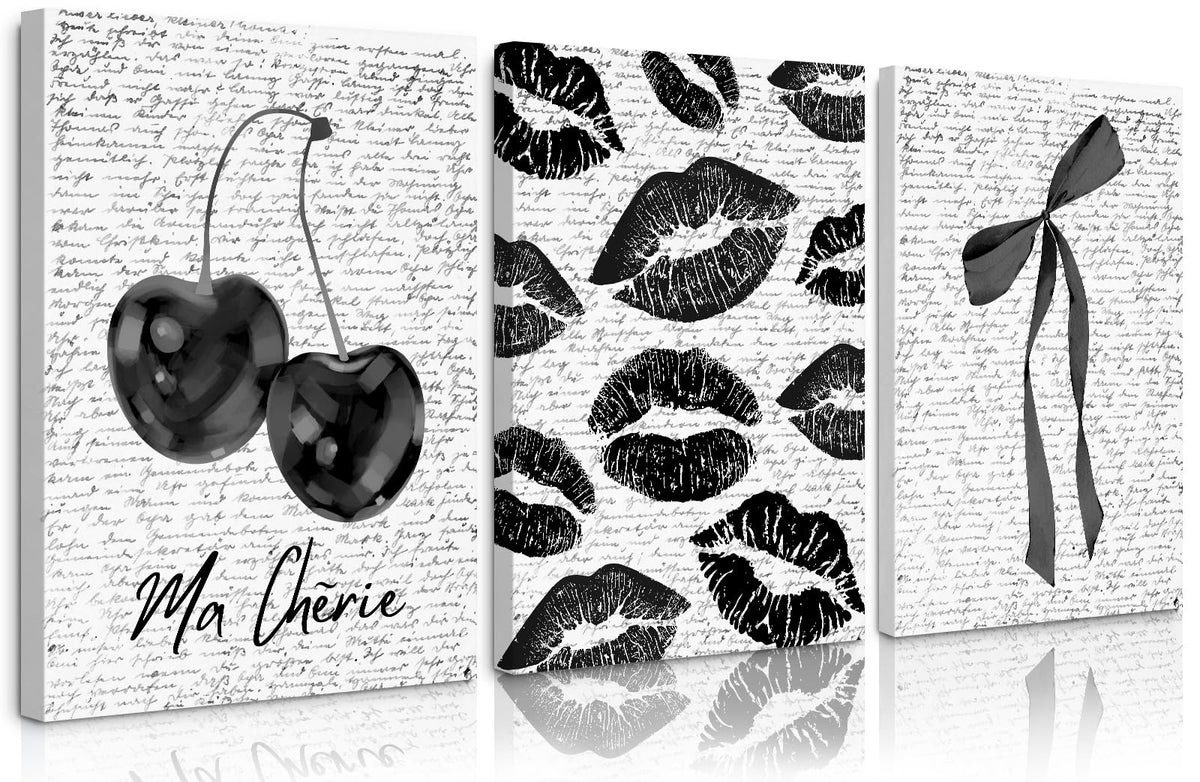 Black White Aesthetic Wall Art Coquette Bow Fashion Canvas Wall Decor Preppy Cherry Posters Vintage Girl Room Decor Bow Pictures Trendy Lips Kiss Prints for Girly Bedroom 12x16 Inch Ready to Hang 3pcs (Black Lips Prints / 12x16 Inch Wrapped Canvas)