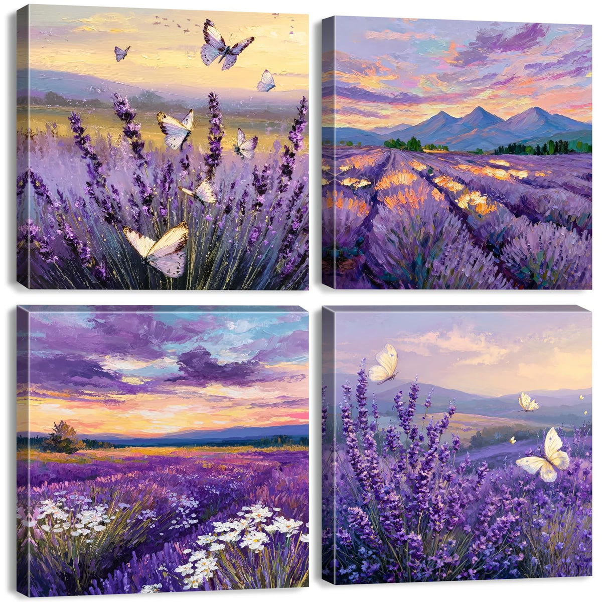 Purple Lavender Wall Art Bedroom Wall Decor Abstract Butterfly Scenery Pictures for Living Room Watercolor Sunset Forest Paintings Canvas Prints Mountain Posters Artwork Home Decoration 12x12” 4Pcs (12"L x 12"W / Butterfly03)