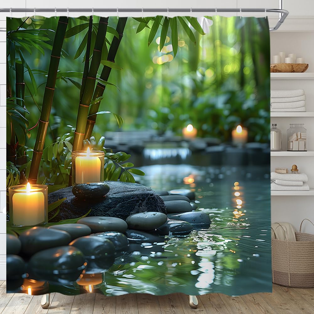 Zen Spa Shower Curtain Bamboo Stone Candle Nature Water Reflection Calming Meditation Fabric Bathroom Decor Set with Hooks (Green Black / 70"W x 70"L (Pack of 1))
