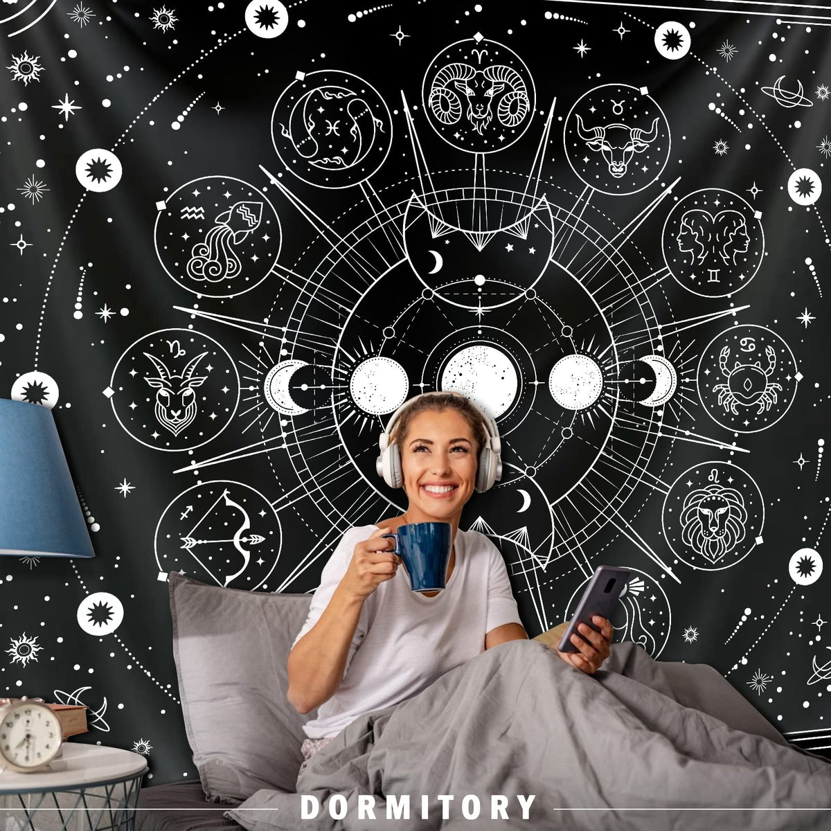 Sun Moon Zodiac Tapestry Wall Hanging (Multicolor / 37"L x 29"W)