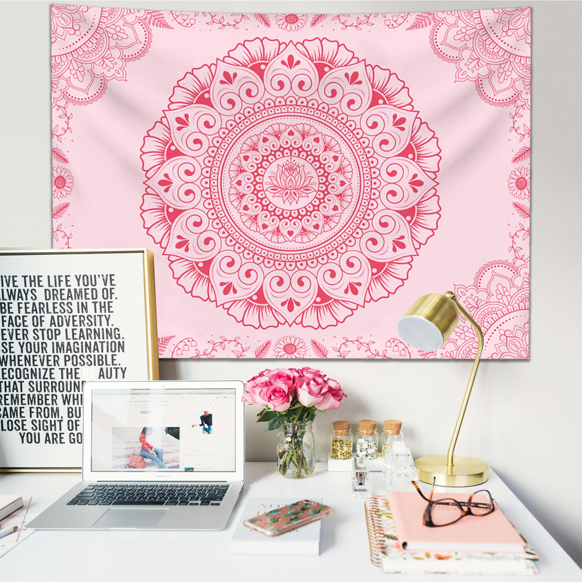 Pink Bohemian Lotus Mandala Tapestry Wall Hanging for Bedroom (Cherry Blossom Pink / 60"L x 44"W)