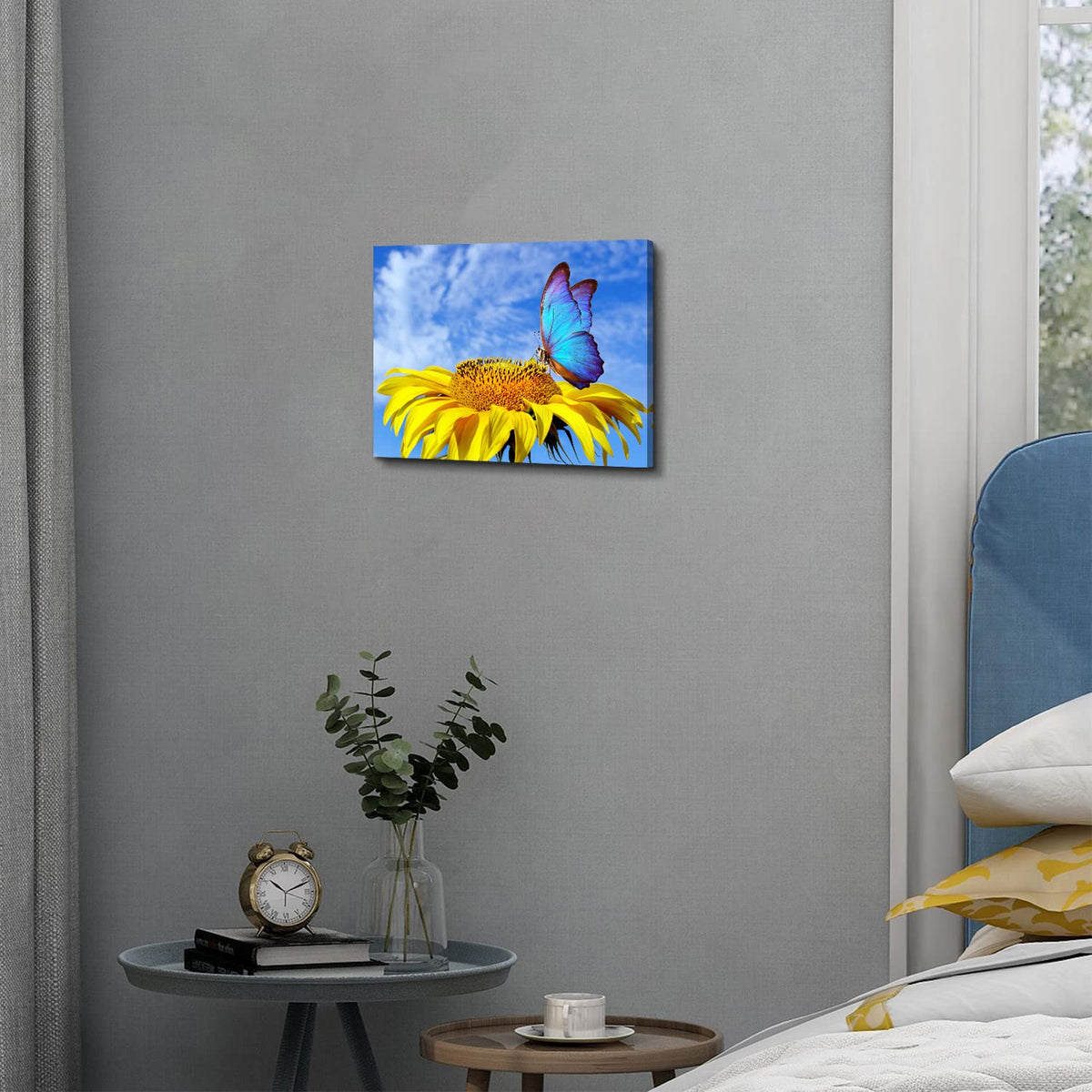 Sunflower Wall Art Bathroom Decor Butterfly Pictures Blue Sky Nature Landscape Canvas Prints Kitchen Sunflower Painting for Living Room Artwork Yellow Floral Posters Bedroom Home Decorations 12x16" (16"L x 12"W / Sunflower Butterfly)