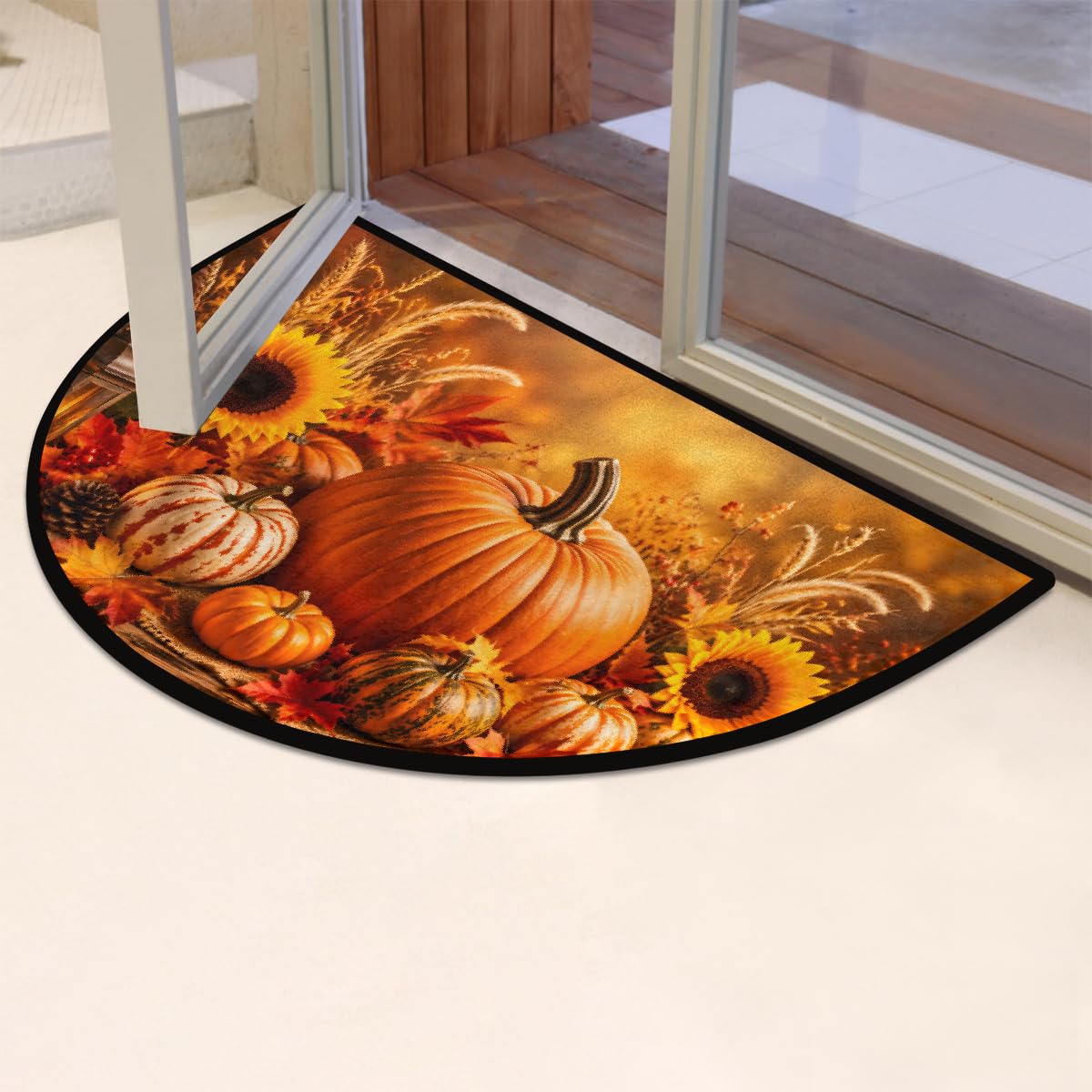 Pumpkin Half Round Door Mat Indoor Entrance Semi Circle Area Rugs (Z Pumpkin Autumn Fall Sunflower)