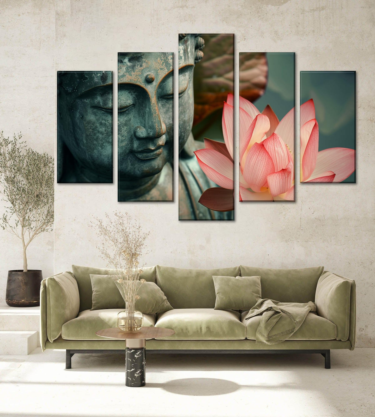 5Pcs Zen Buddha Lotus Flower Canvas Wall Art Spiritual Decor for Meditation Peaceful Home Decor Asian Cultural Symbolism Tranquil Art for Living Room Bedroom Office Ready to Hang (12"L x 24"W, 12"L x 32"W, 12"L x 40"W / 5PCS-Buddha)