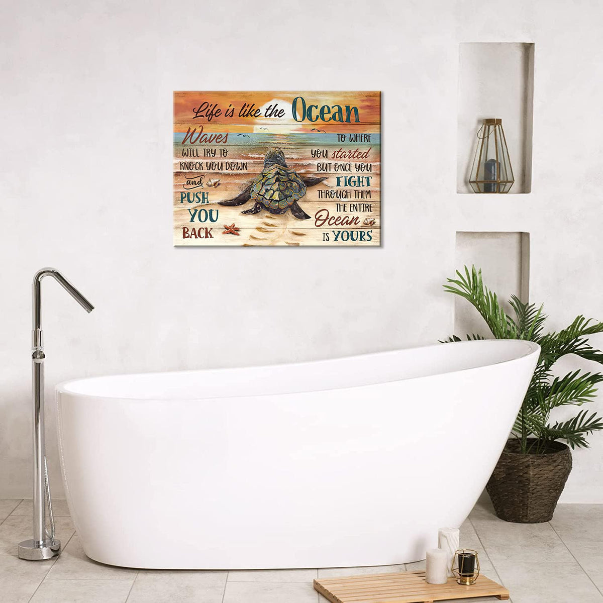 Sea Turtle Bathroom Decor Wall Art Beach Ocean Inspirational Quotes Landscape Pictures Wall Decor Canvas Painting Prints Artwork Home Decorations Framed for Bedroom Office Kitchen Living Room 16"x12" (Sunset Sea Turtle / 16"L x 12"W)