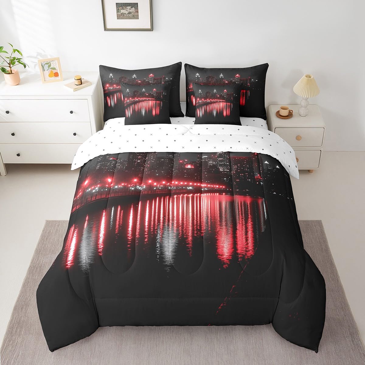 Golden Gate Bridge Comforter Set with Sheets Full Size Kids Nightscape 7 Piece Bedding Set All Season Teens City Scenery Bed in A Bag Breathable Soft Lightweight Black Red Room Decor (Carbon Black Red / Full)