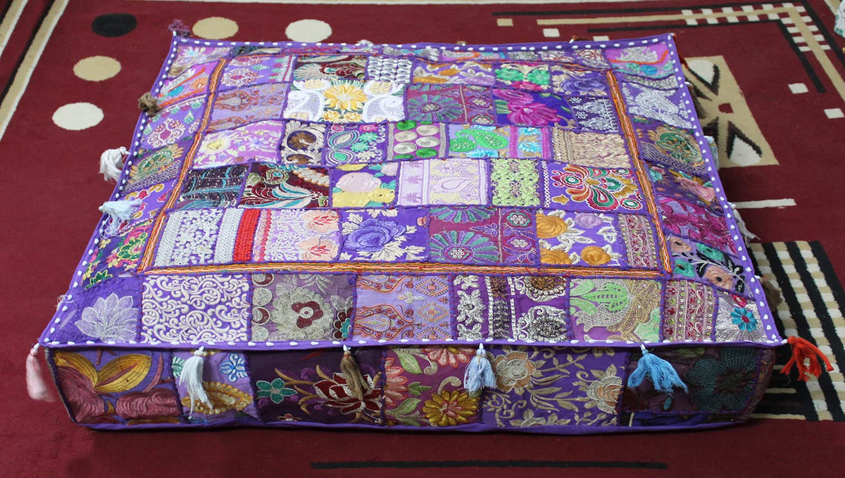 Handmade Square Purple Patchwork Pouf Cover 35 Inch Ottoman Cover Embroidered Cotton Floor Cushion Cover Bohemian Indian Decorative Floor Pillow Meditation Cushion for Living Room Bedroom (35"D x 35"W x 5"H / Purple)
