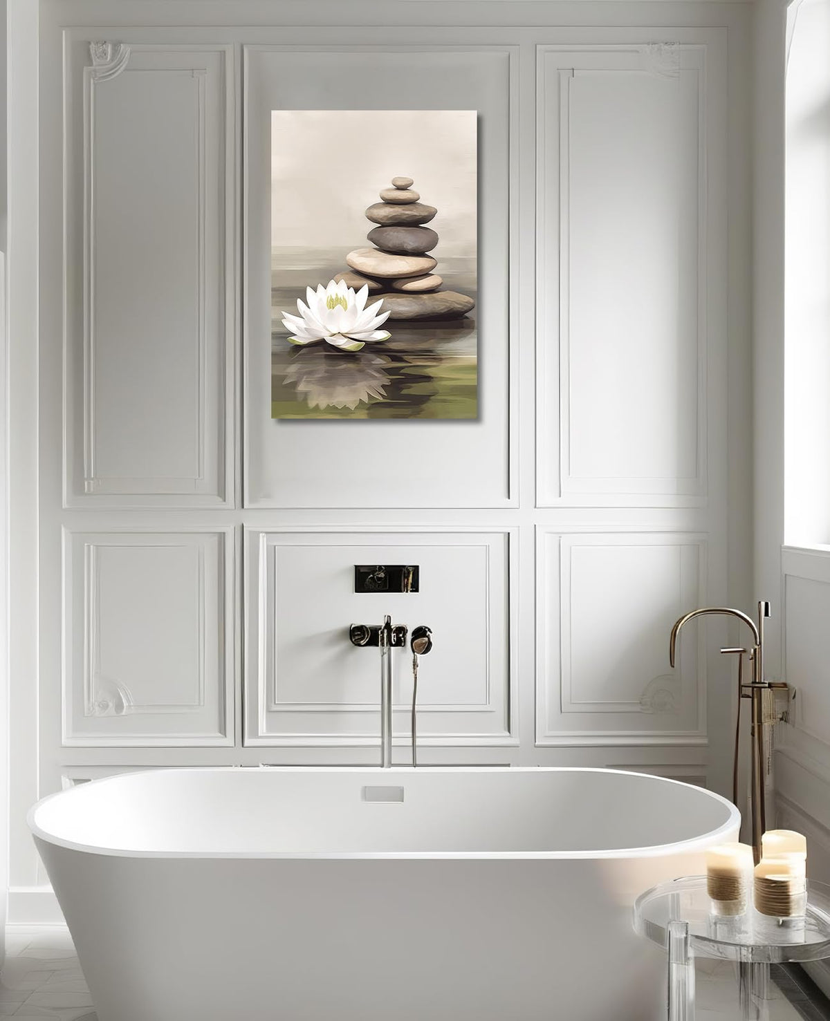 Zen Wall Art Lotus Canvas Print Bathroom Decor Spa Stone Picture Meditation Painting Vintage Artwork for Spiritual Room Living Room Office Modern Home Decor Frame (18"L x 12"W / Art-3)