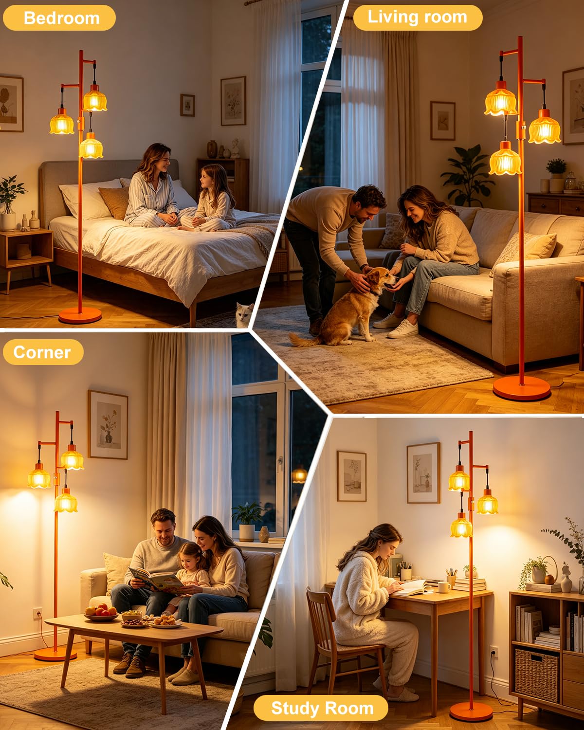 3 Light Lotus Floor Lamp 65'' Dimmable with Orange Glass Shade & E12 Bulbs Included (3 Orange Cloche Hat-Orange)