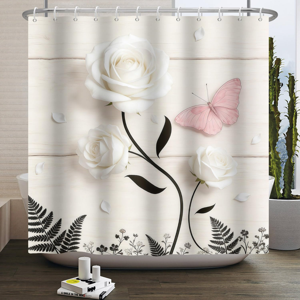 Floral Botanical Shower Curtain with Hooks (White Rose)