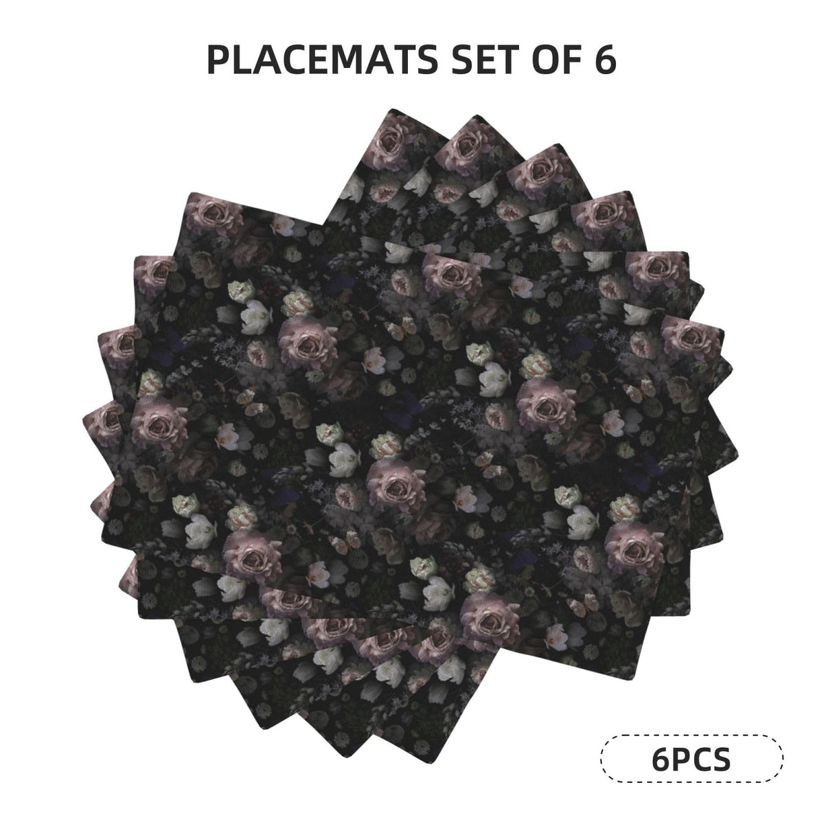 Vintage Floral Placemats Set of 6 Linen Washable 12x18 Inch (Black Pink / 6PCS)