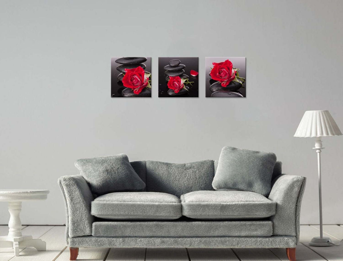 Red Canvas Wall Art Bedroom Wall Decor Black and White Zen Stones Spa Wall Art Rose Pictures for Living Room Kitchen Home Decorations Red Bathroom Accessories Flower Paintings Room Artwork (16 x 16 inches (3-Piece Set) / Rose & Zen Stone)