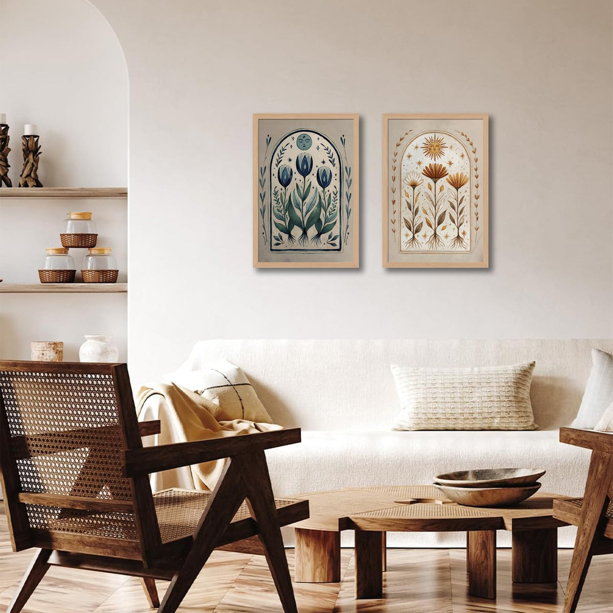 Boho Moon and Sun Wall Art Set of 2 (Blueandyellowflowers / 16"L x 24"W)