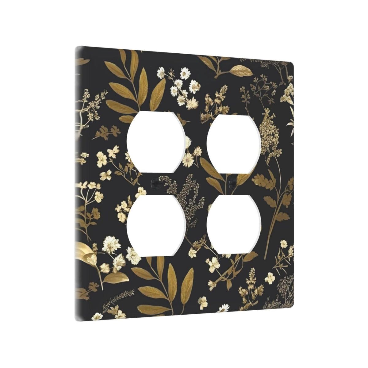 Black Gold Vintage Leaf Floral 2 Gang 2 Duplex Combination Light Switch Cover Decorative Combo Dual Device Receptacle Switch Face Wall Plate (Black Gold Vintage Leaf Floral / 2 Gang2 Duplex)