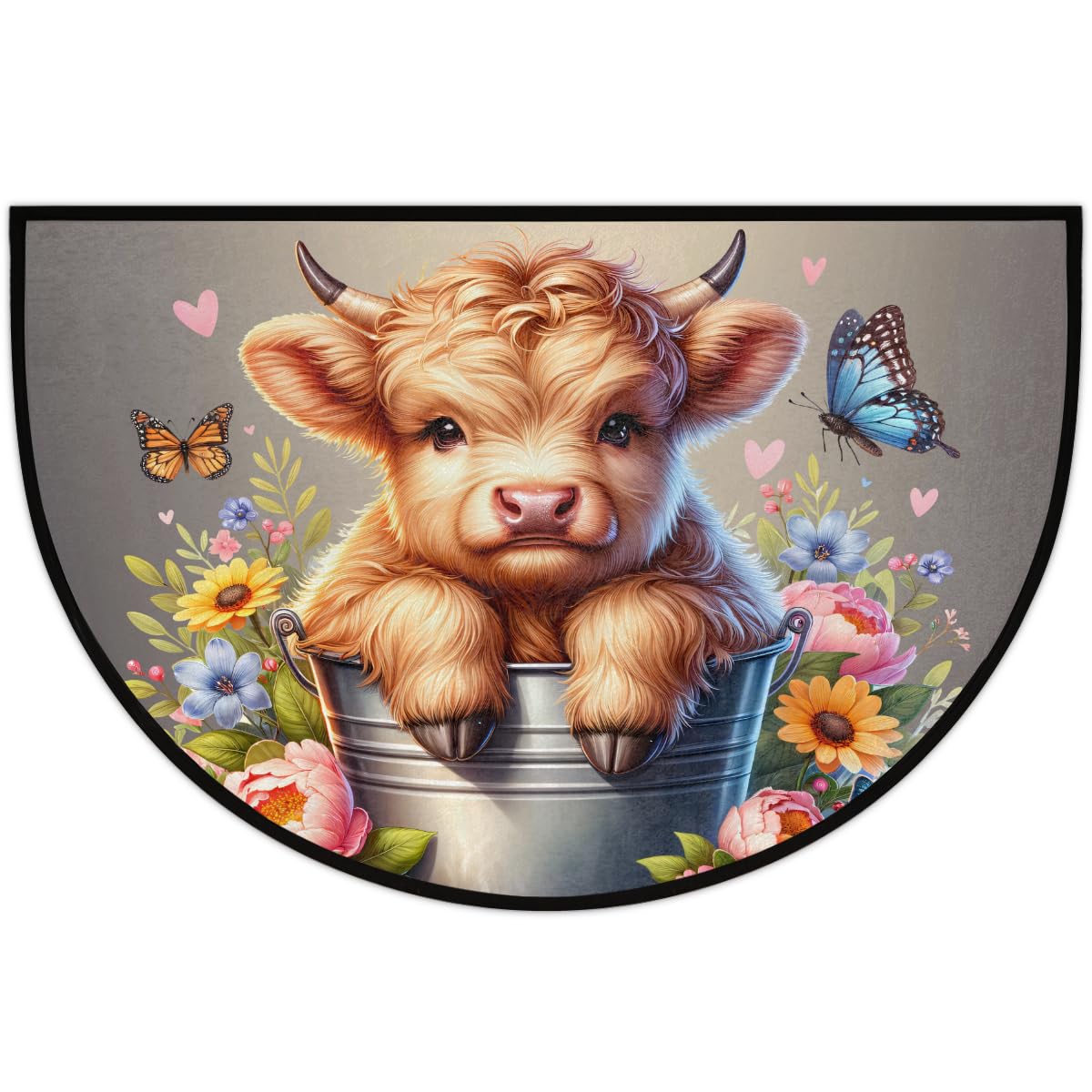 Highland Cow Half Round Door Rug Entrance Washable Half Circle Area Rugs (F Highland Cow Flower)