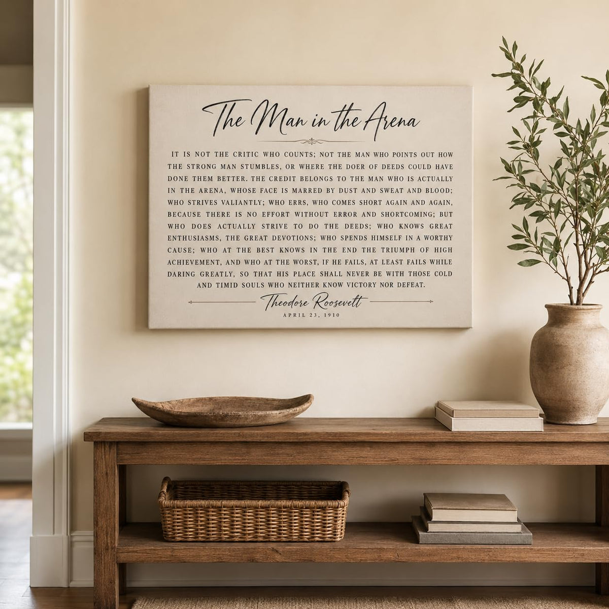Theodore Roosevelt Framed Canvas Wall Art Historic Quote Decor 12x16 Inches (The Man in the Arena / 16"L x 12"W)