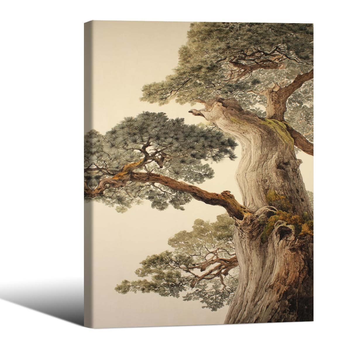 Vintage Japanese Pine Tree Framed Wall Art Oriental Asian Tree Canvas Posters 11x14 inch Japan Scenery Room Aesthetic Prints Calm Earthy Forest Botanical Painting for Home Bedroom Living Room Office (Wrapped Canvas / Japanese Poster / 14"L x 11"W)