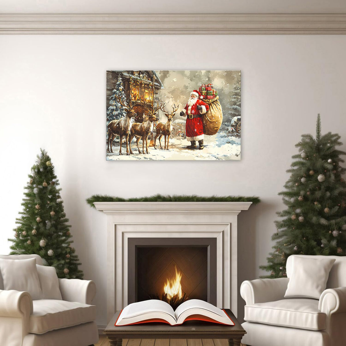 Vintage Christmas Wall Art Rustic Farmhouse Santa Claus Wall Decor Winter Deer Canvas Pictures Christmas Tree Santa and Reindeer Painting Artwork for Living Room Bathroom Home Decorations 24x36" (36"L x 24"W / Santa Claus)
