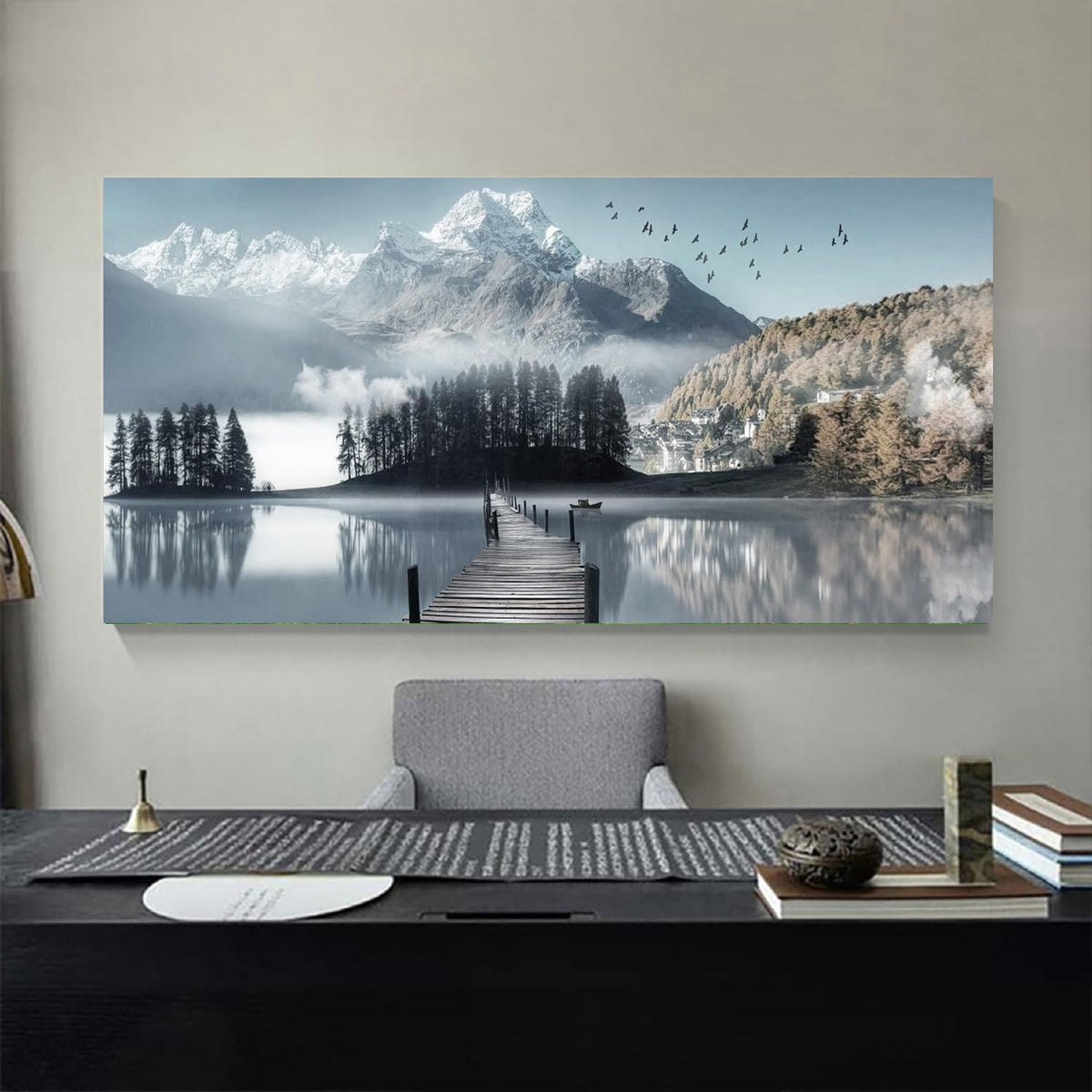 Lake Pictures Mountain Canvas Wall Art for Living room Bedroom Wall Decor Landscape Canvas Picture Natural Scenery Wall Art Prints Tree Painting Framed Artwork for Kitchen Office Home Decoration (Wlake / 40"L x 20"W)