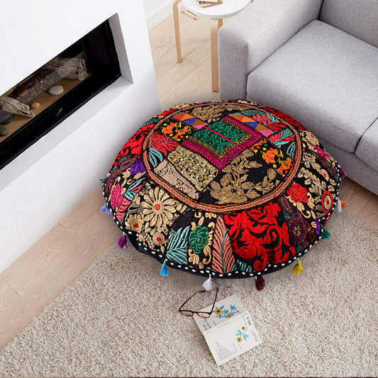 Rajasthani Handmade Colorful Decorative Floor Pillow Cover Meditation Patchwork Patchwork Cushion Seating Accent Boho Chic Indian Handmade Cover ONLY (Black)