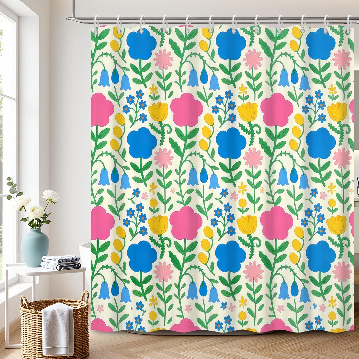 Colorful Floral Shower Curtain with Hooks (Cartoon Flowers)