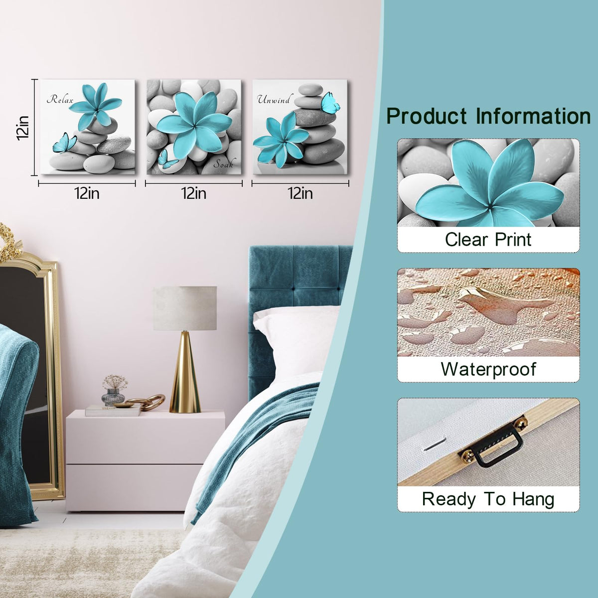 Teal Bathroom Wall Decor 12"x12"x3Pcs (Blue)