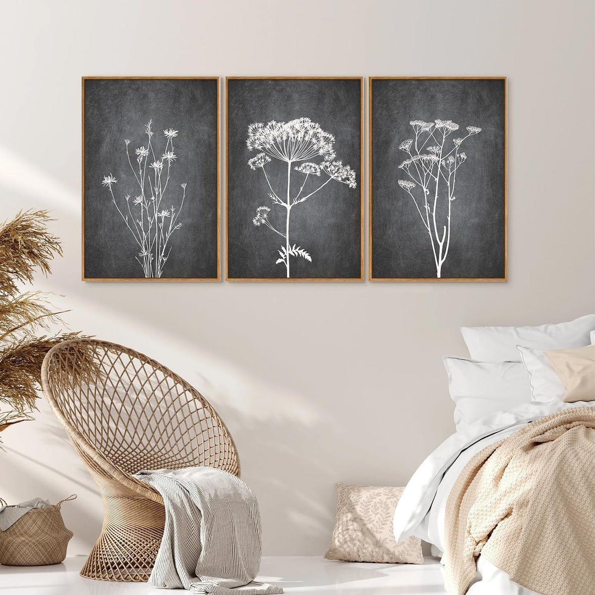 Black and White Floral Framed Canvas Wall Art Set (Abstract Wildflower / 24"L x 16"W)